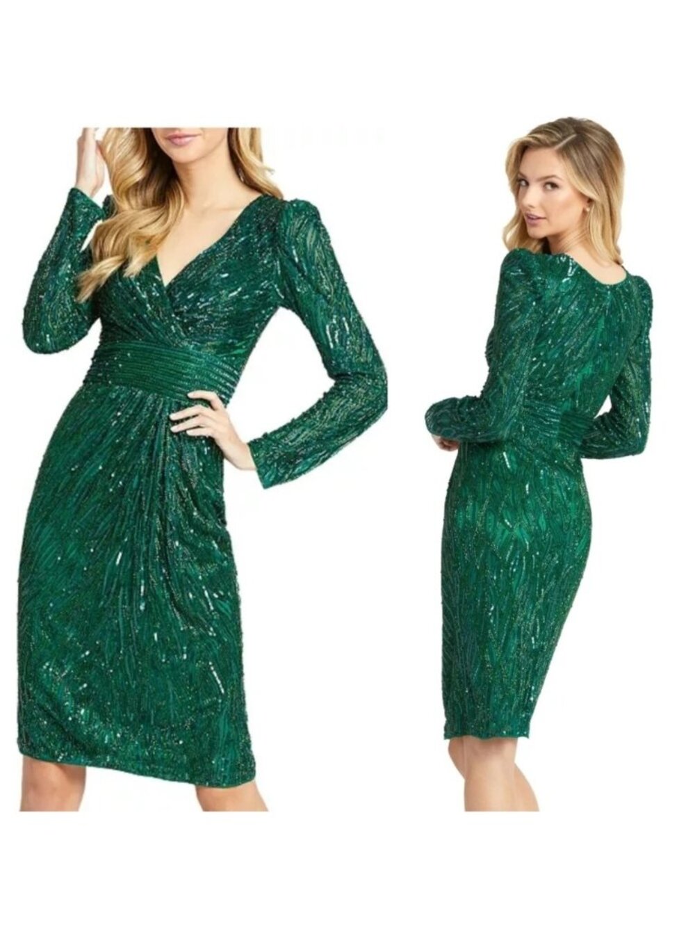 Mac Duggal Women’s Long Sleeve Emerald Green Sequin Embellished Dress Size 4